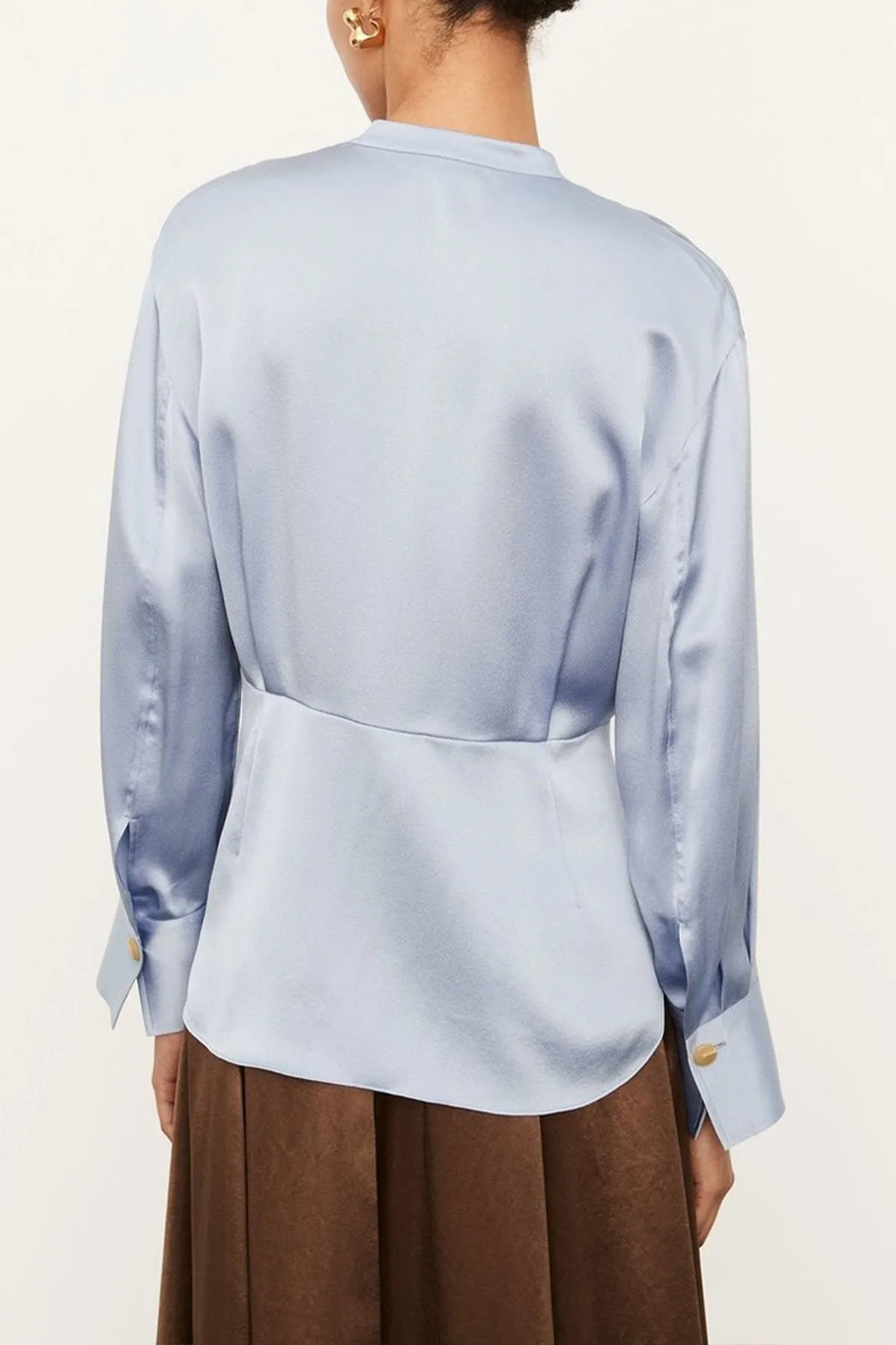 Silk Shaped Long Sleeve Band Collar Blouse in Peri Blue