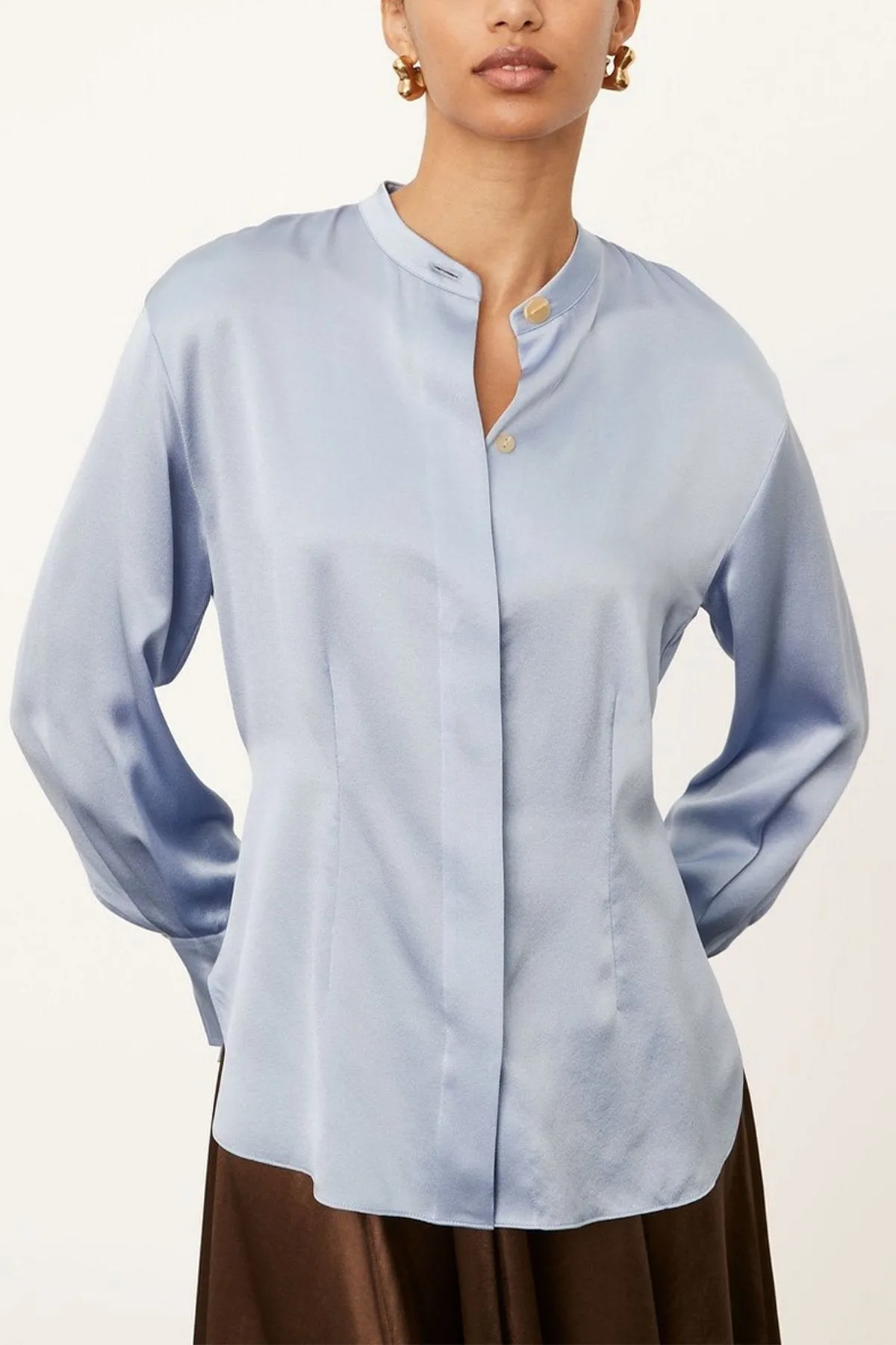 Silk Shaped Long Sleeve Band Collar Blouse in Peri Blue