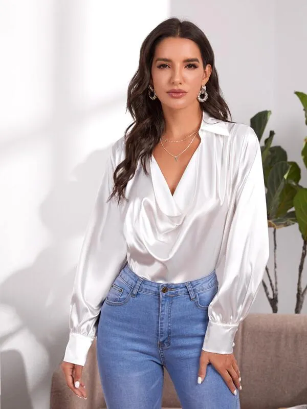 Silky White Draped Front Satin Top
