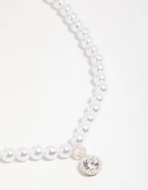 Silver Cubic Zirconia Pearl Short Pendant Necklace