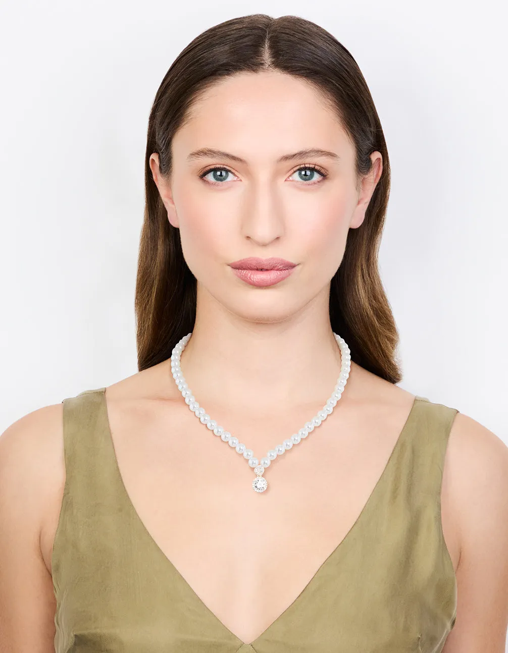 Silver Cubic Zirconia Pearl Short Pendant Necklace