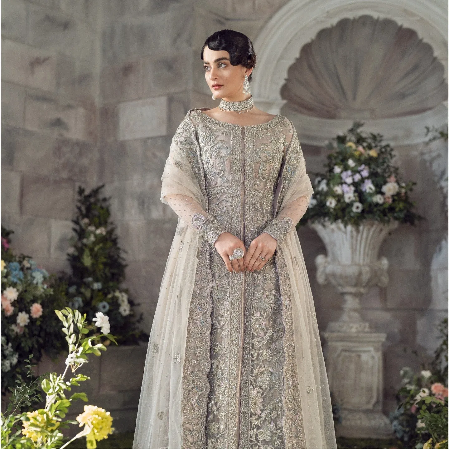 Silver Pakistani Bridal Dress in Gown Lehenga Style