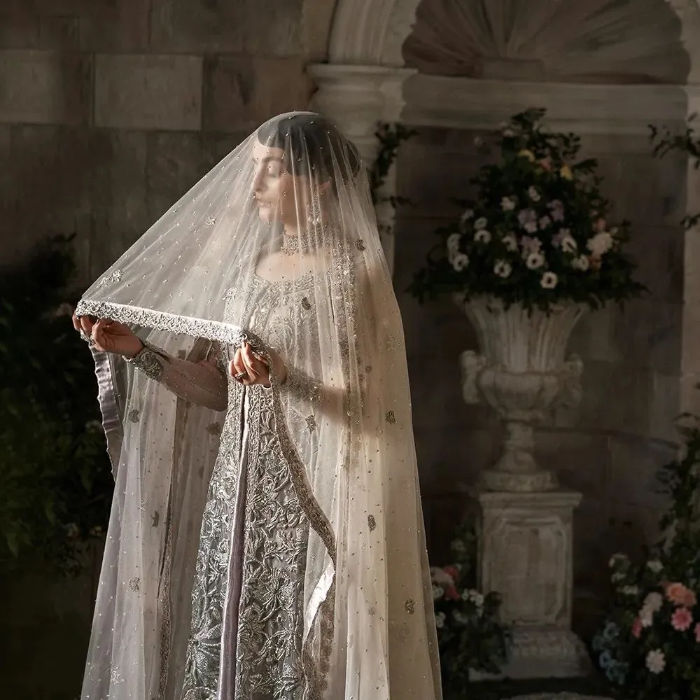 Silver Pakistani Bridal Dress in Gown Lehenga Style