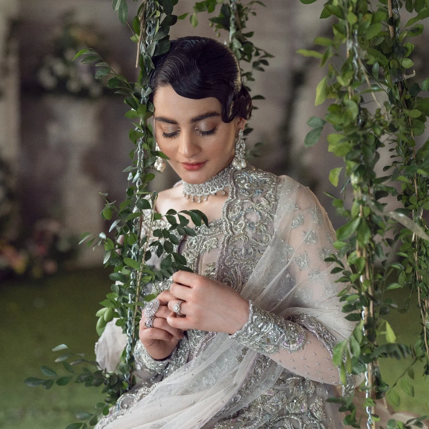 Silver Pakistani Bridal Dress in Gown Lehenga Style