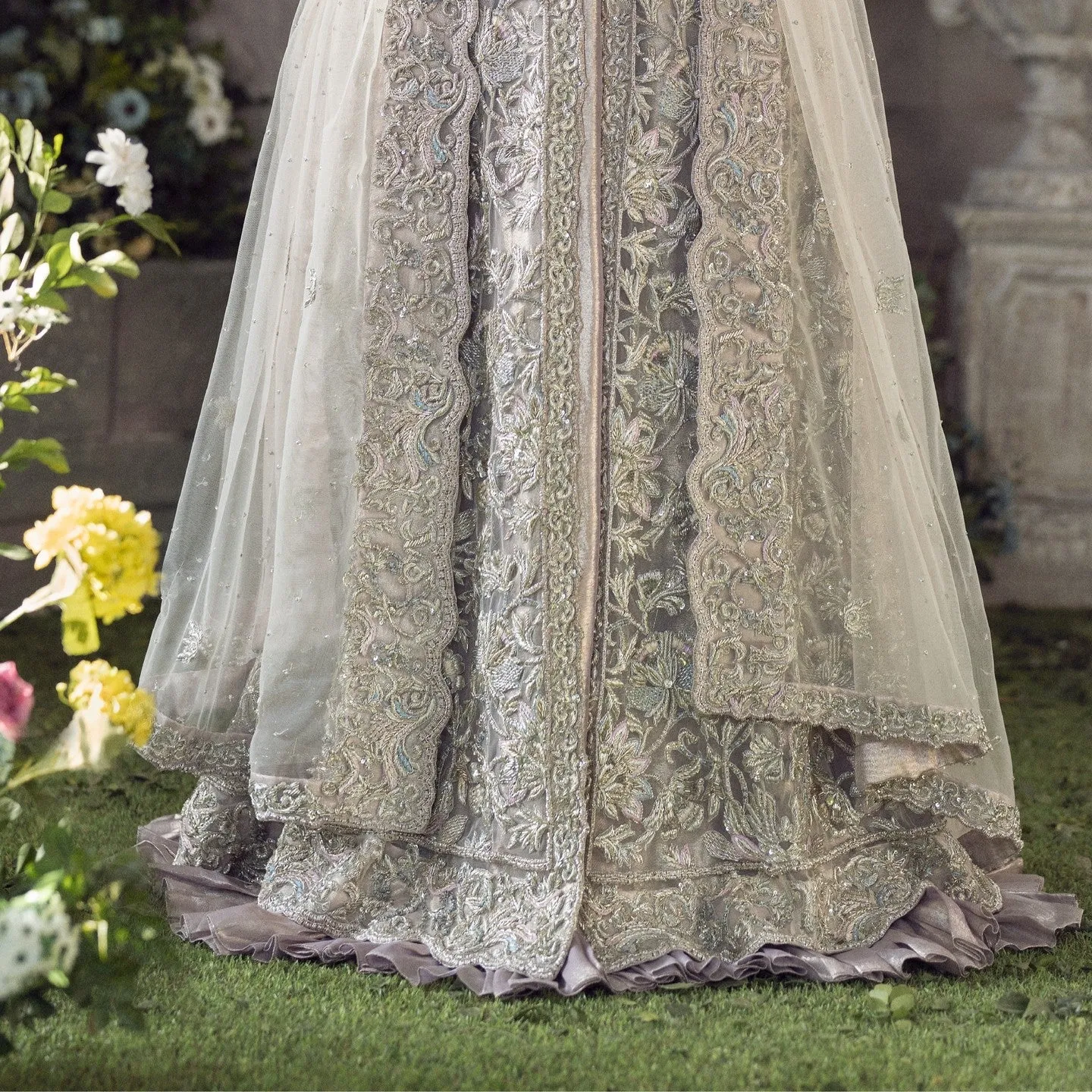 Silver Pakistani Bridal Dress in Gown Lehenga Style