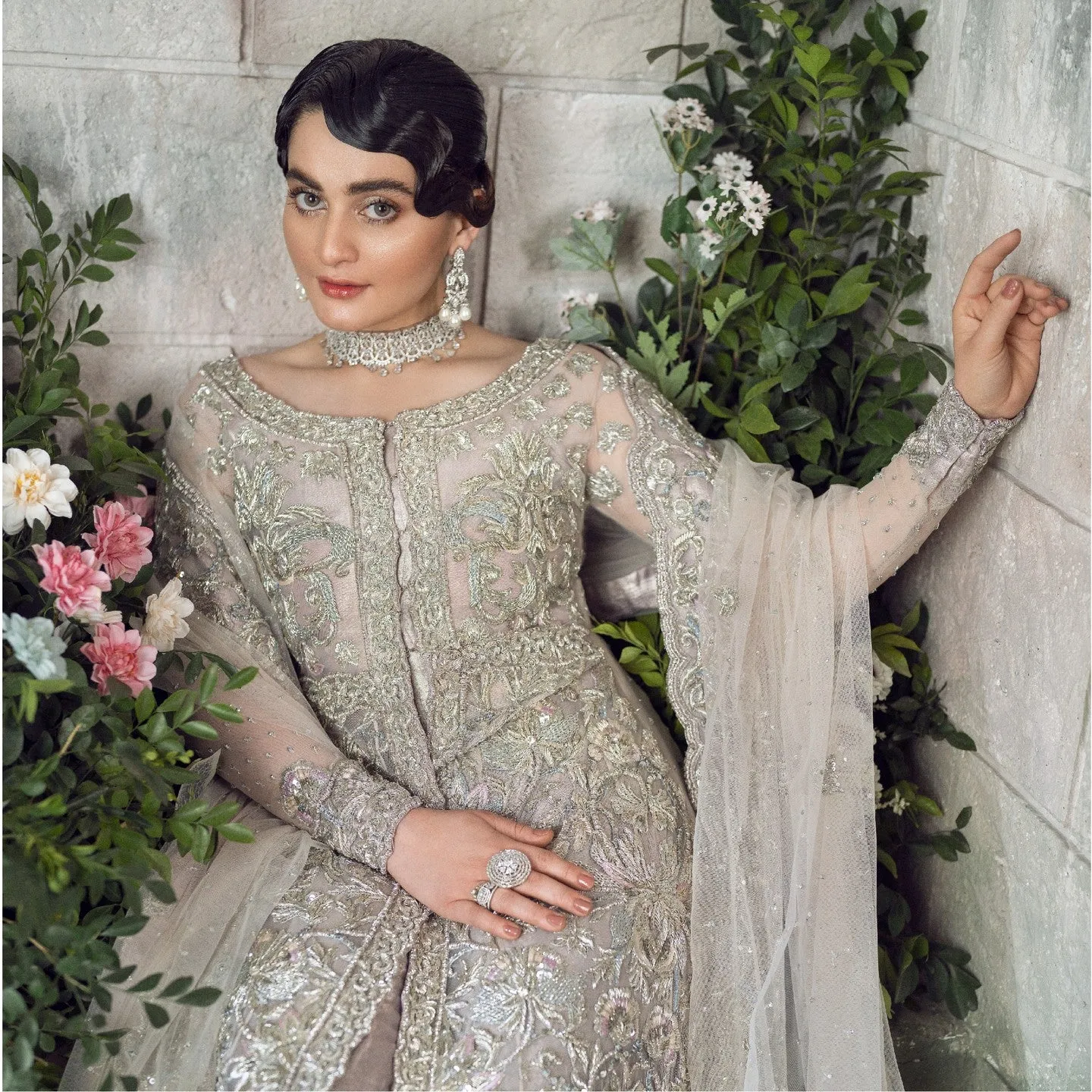 Silver Pakistani Bridal Dress in Gown Lehenga Style
