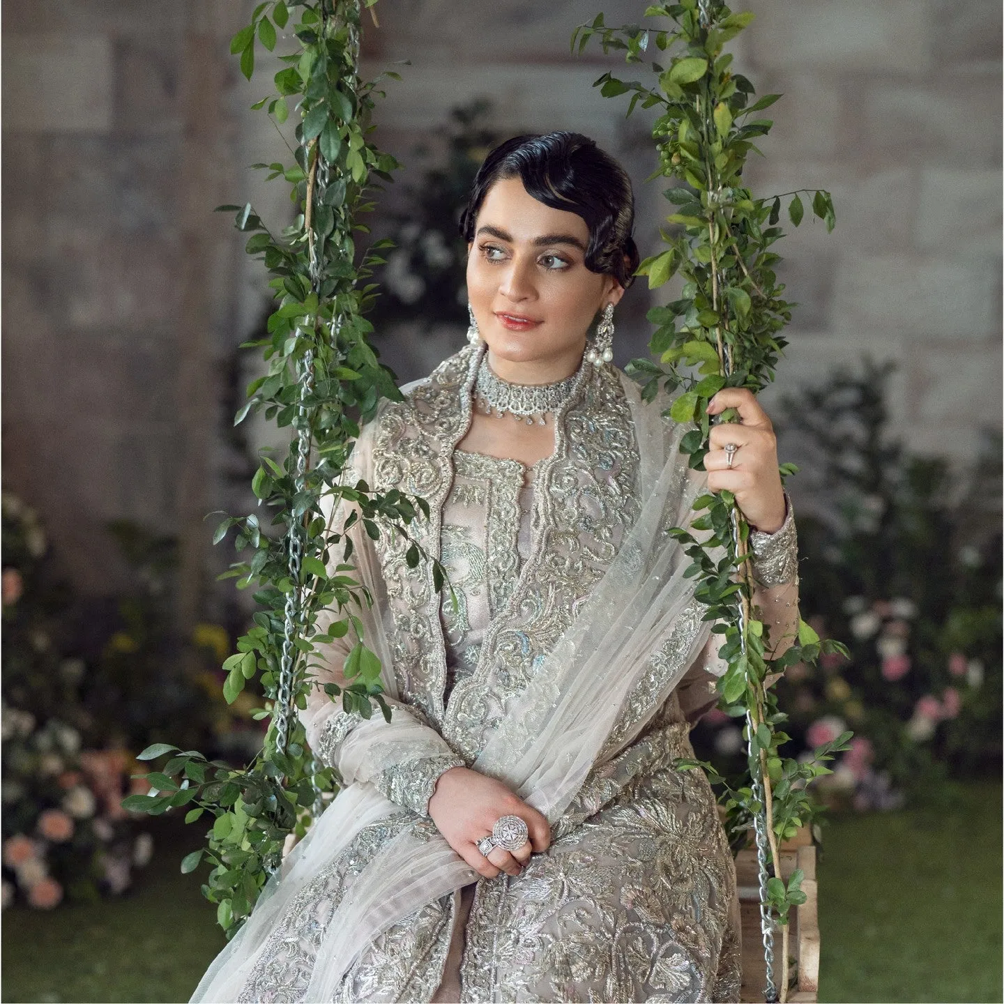 Silver Pakistani Bridal Dress in Gown Lehenga Style