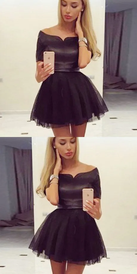Simple Cheap Junior A-Line Off-the-Shoulder Short Black Tulle Homecoming Dresses,BD0253