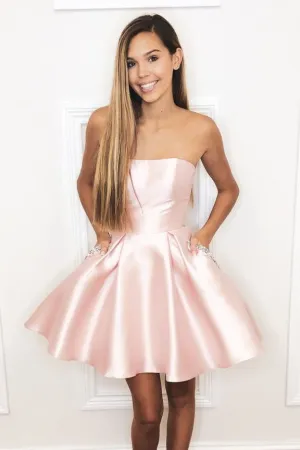 Simple Strapless Pink Homecoming Dress with Pockets/Beading