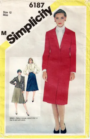 Simplicity 6187 Womens Lined Jacket Blouse & Side Pleated Skirt 1980s Vintage Sewing Pattern Size 12 UNCUT Factory Folded