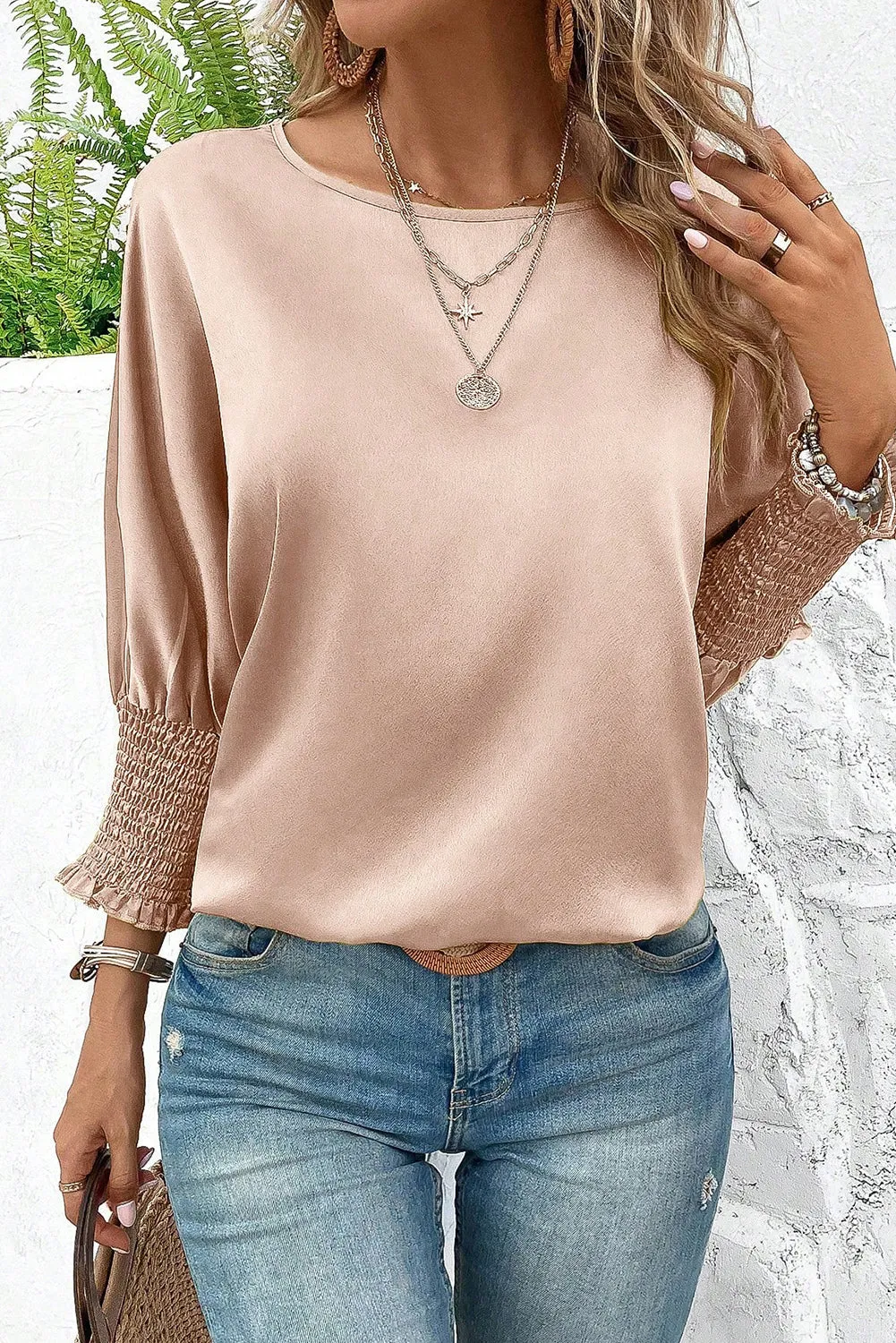 Smoke Gray Smocked Dolman Sleeve Satin Blouse