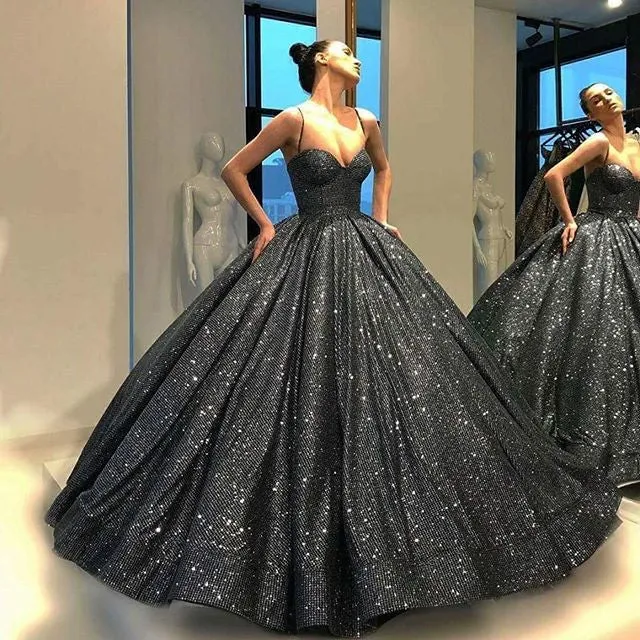 Sparkly Sweetheart Spaghetti Straps Sequins Black Quinceanera Dresses
