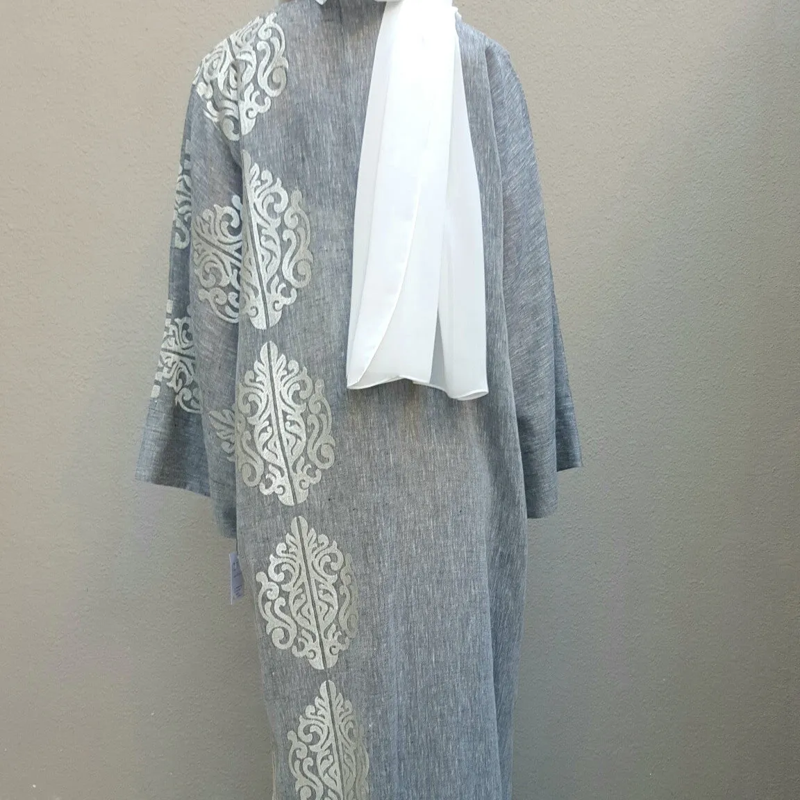 SS16 Summer Linen Bisht in Grey with Silk Embroidery