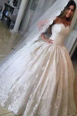Strapless Lace Ball Gown Wedding Dresses with Corset Back