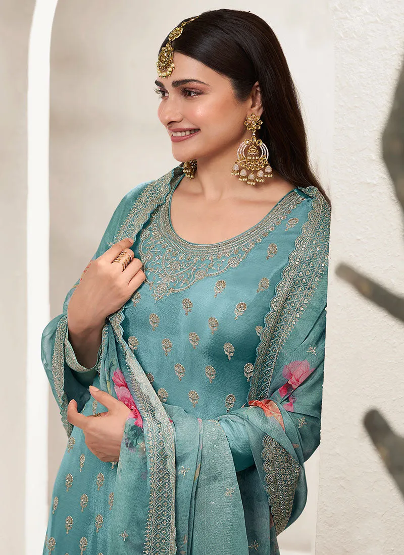 Teal Blue Traditional Sequence Embroidery Sharara Style Suit