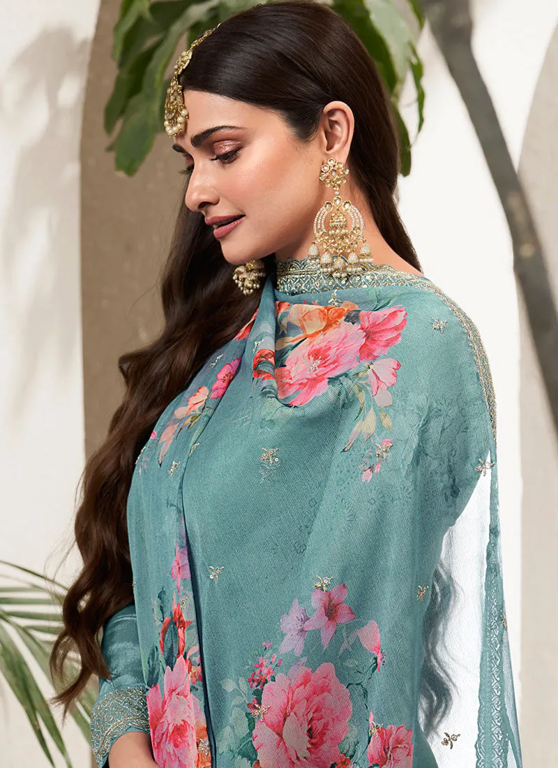 Teal Blue Traditional Sequence Embroidery Sharara Style Suit