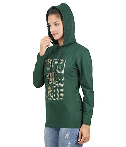 TEES PARK Women's Hooded Printed Full Sleeve Tshirt (Forest Green, X-Large)