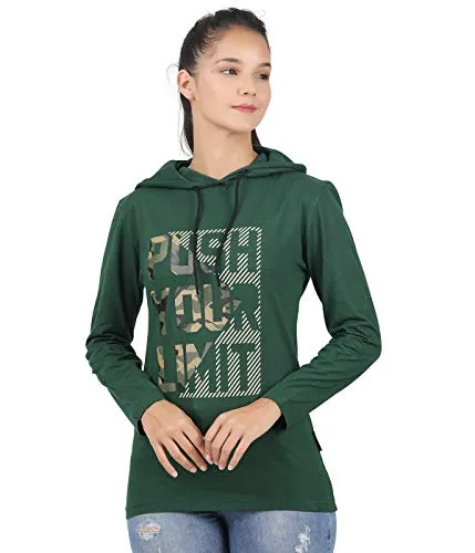 TEES PARK Women's Hooded Printed Full Sleeve Tshirt (Forest Green, X-Large)