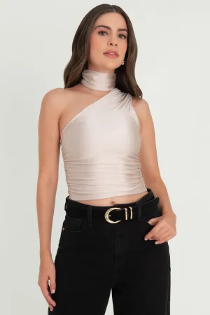 Top satinado asimétrico con plisados choker