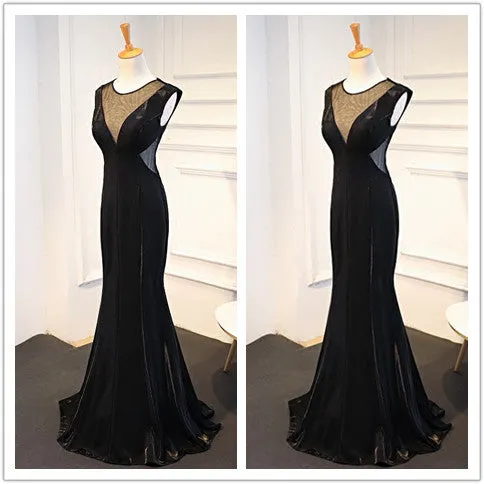 Trumpet Black Stain Zipper Open Back V-neck Sleeveless Empire Prom Dress, PD0402