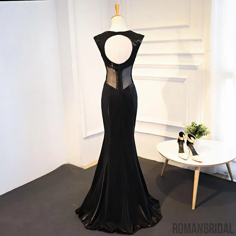 Trumpet Black Stain Zipper Open Back V-neck Sleeveless Empire Prom Dress, PD0402