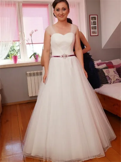 Tulle Straps Pleats Beaded Sashes Wedding Dress