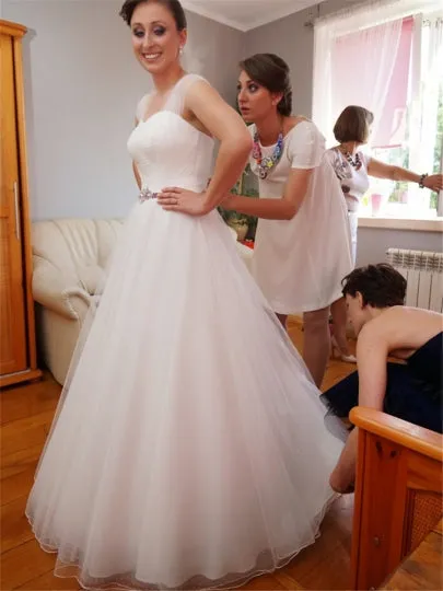 Tulle Straps Pleats Beaded Sashes Wedding Dress