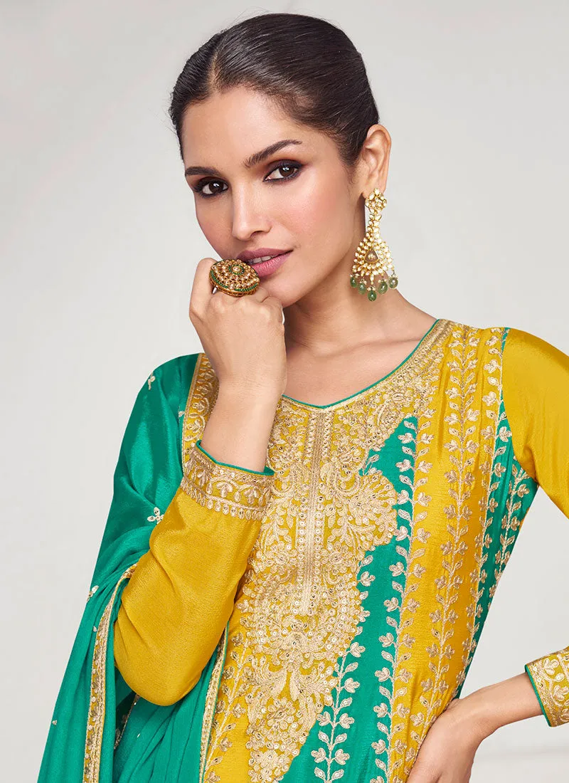 Turquoise And Yellow Traditional Embroidery Anarkali Palazzo Suit
