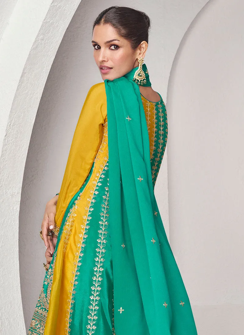 Turquoise And Yellow Traditional Embroidery Anarkali Palazzo Suit