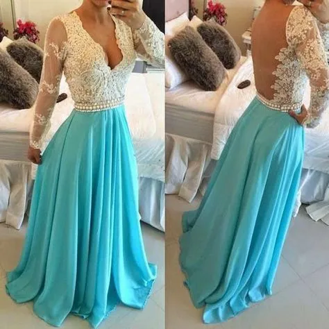 turquoise blue lace applique prom dresses long sleeve v neck beaded elegant cheap prom gown