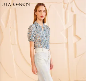 Ulla Johnson Adira Top Printed Short Sleeve Silk Top with Ruffles