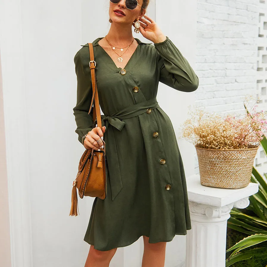 V-neck Autumn and Winter Dress Waist Belt A Word Skirt