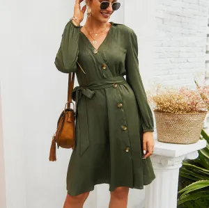 V-neck Autumn and Winter Dress Waist Belt A Word Skirt