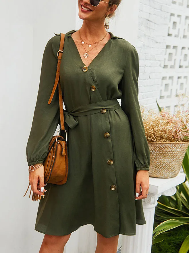 V-neck Autumn and Winter Dress Waist Belt A Word Skirt