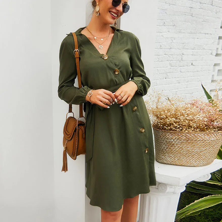 V-neck Autumn and Winter Dress Waist Belt A Word Skirt