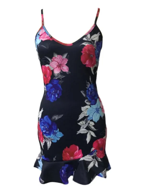 V-neck Ruffled Irregular Skirt Strap Dress