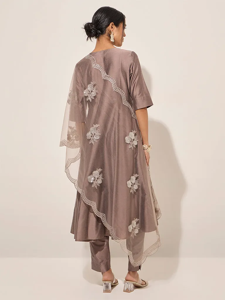 Vark Brown A-Line Kurta, Ethnic Pants and Dupatta Set