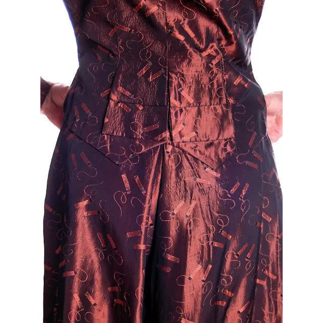 Vintage Copper Taffeta Suit with Print 1940s Small 35-22-40