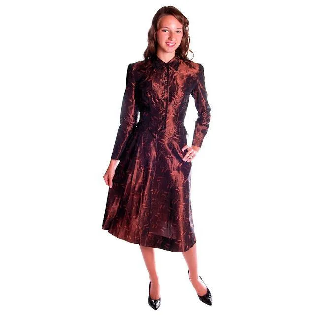 Vintage Copper Taffeta Suit with Print 1940s Small 35-22-40
