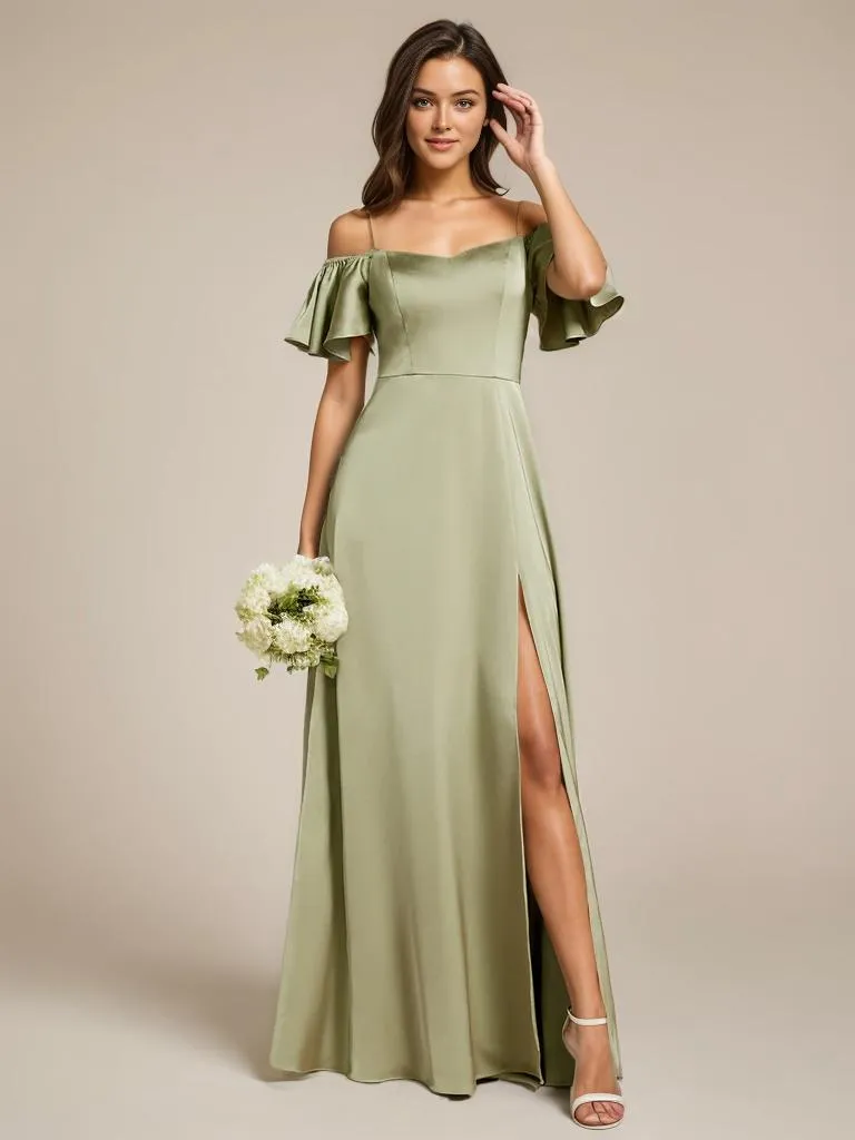 Vivian satin drop sleeve ball or bridesmaid dress with split