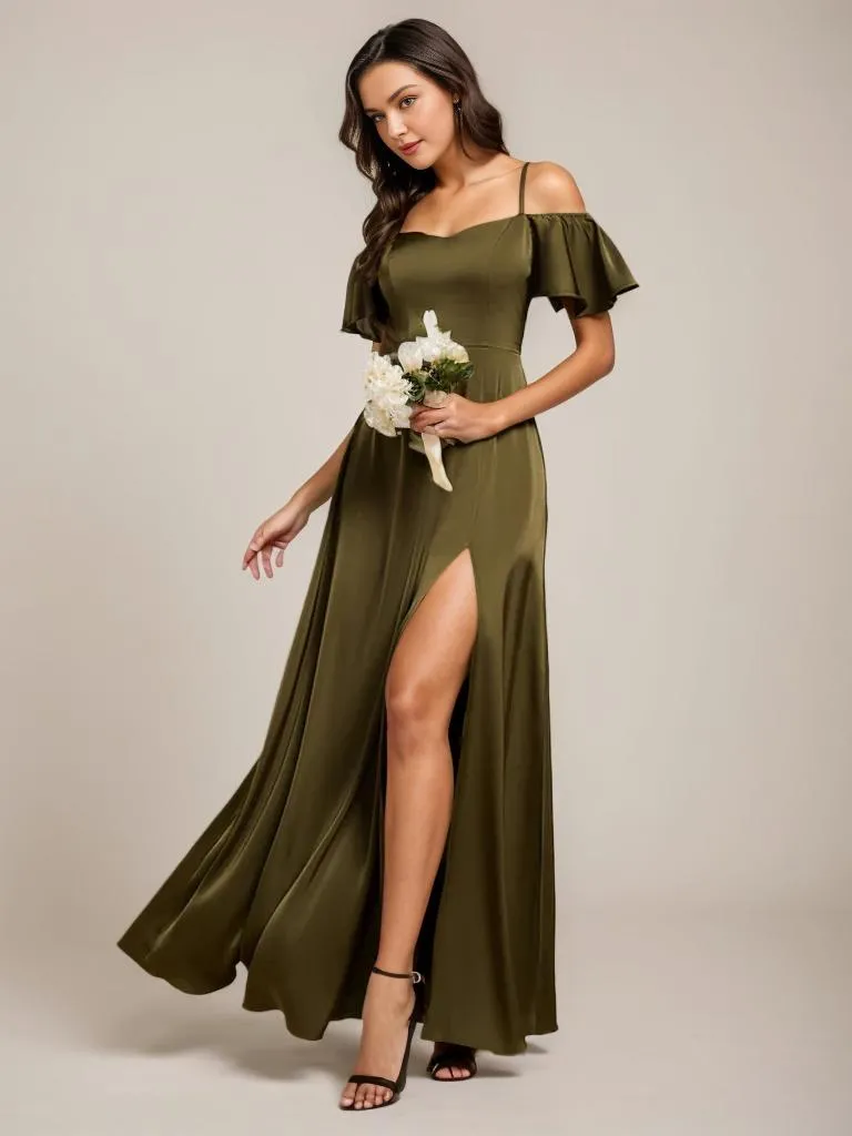 Vivian satin drop sleeve ball or bridesmaid dress with split