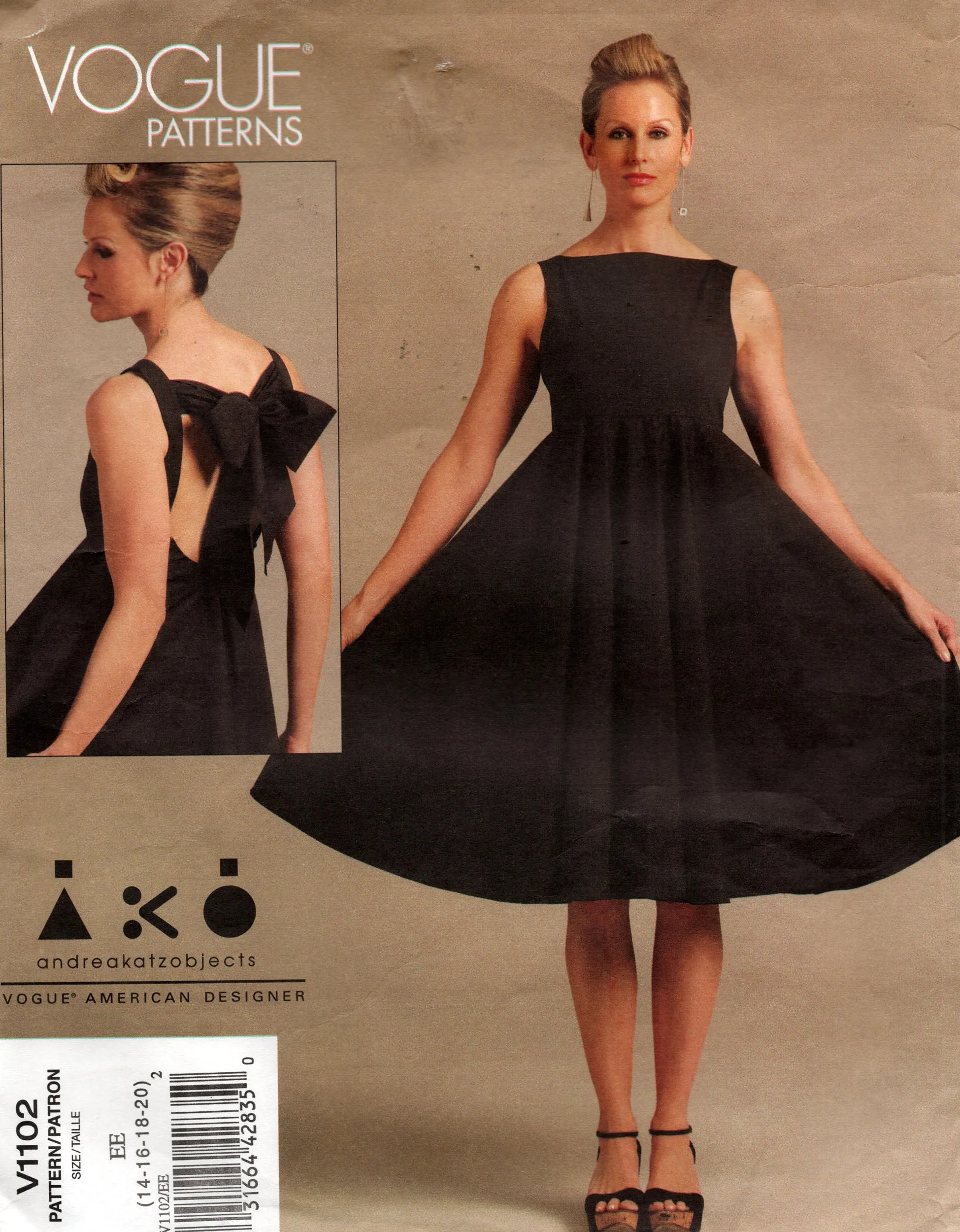 Vogue American Designer 1102 ANDREA KATZOBJECTS Womens Empire Waisted Bow Trimmed Evening Dress Sewing Pattern Size 14 - 20 UNCUT Factory Folded