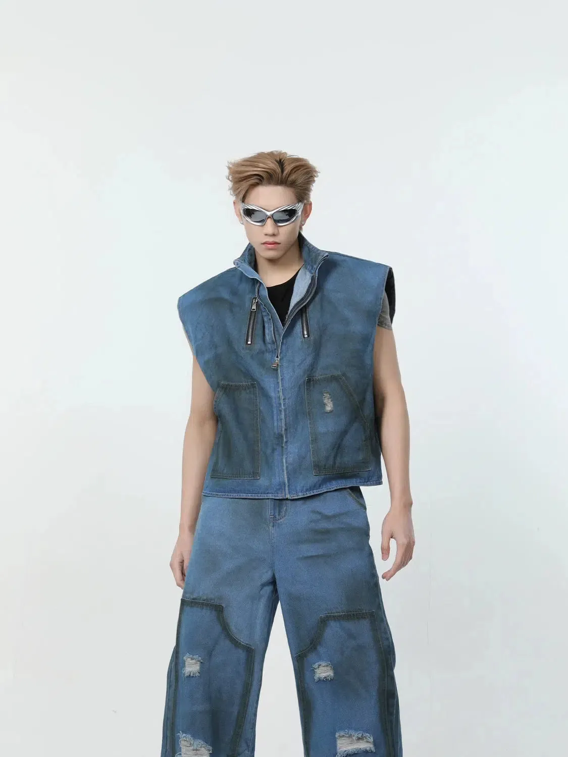 Washed Blue Sleeveless Jacket & Wide-leg Jeans