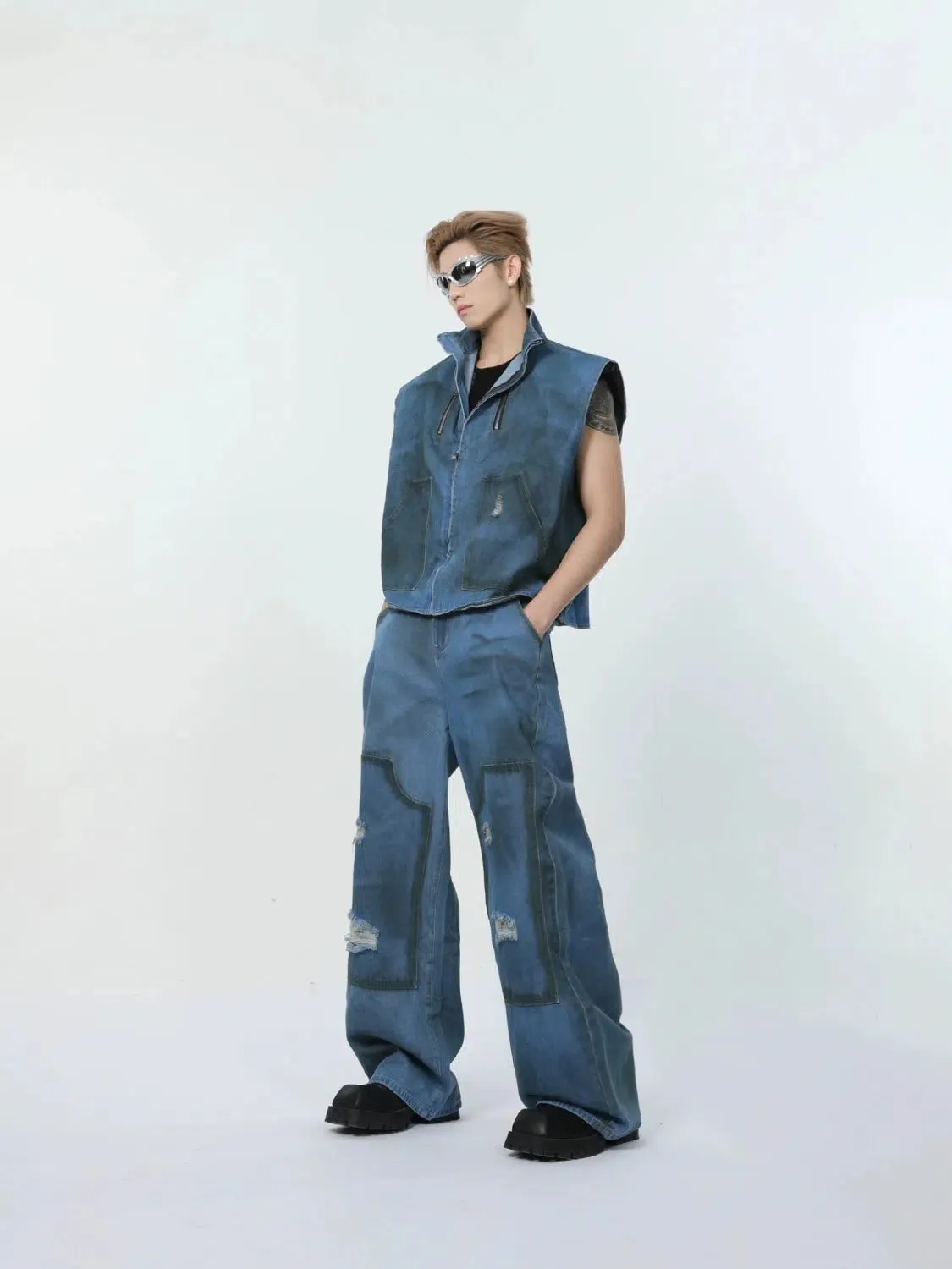 Washed Blue Sleeveless Jacket & Wide-leg Jeans