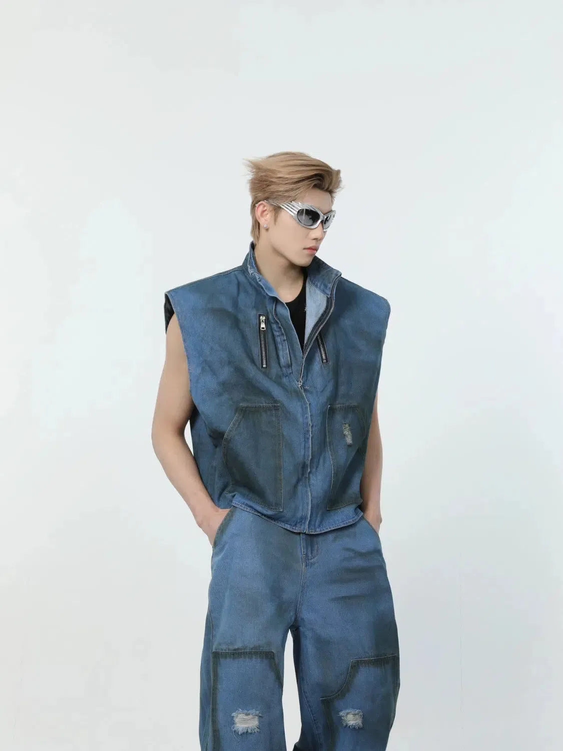 Washed Blue Sleeveless Jacket & Wide-leg Jeans