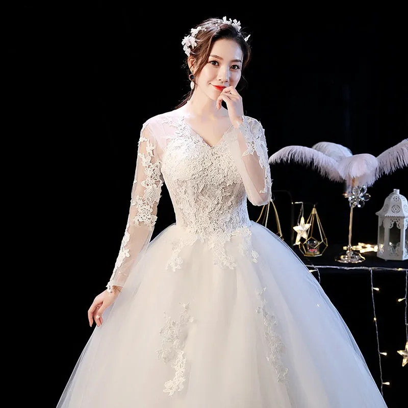 wedding dress vintage v neck illusion long sleeve ball gown white wedding dress