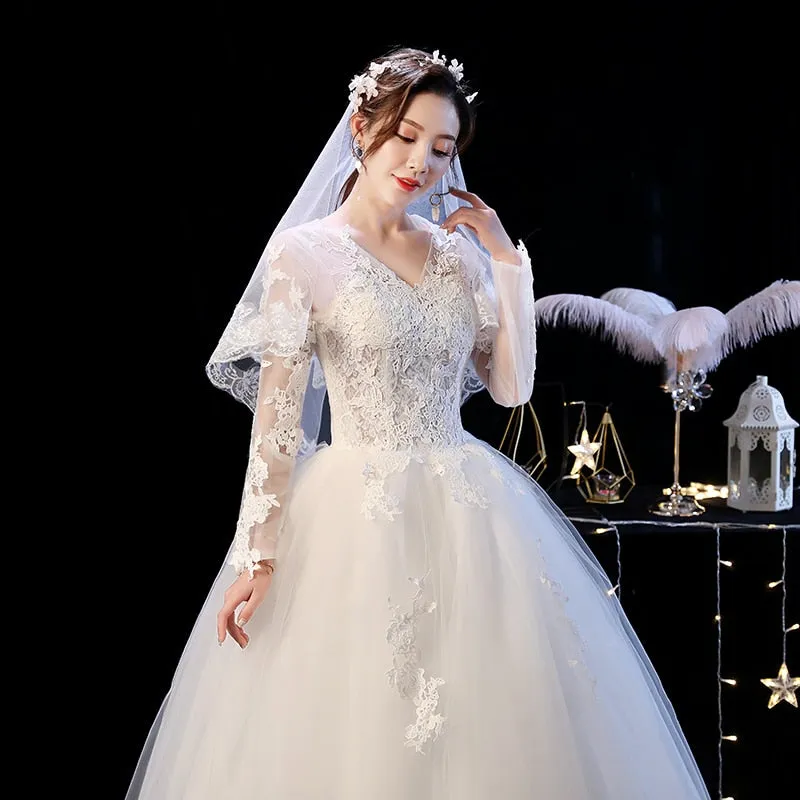wedding dress vintage v neck illusion long sleeve ball gown white wedding dress