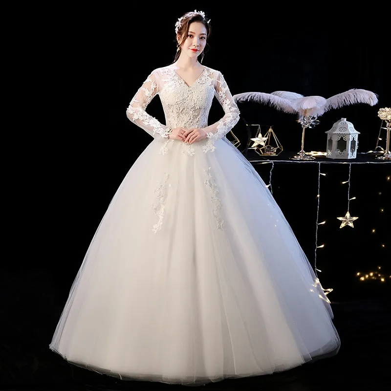 wedding dress vintage v neck illusion long sleeve ball gown white wedding dress