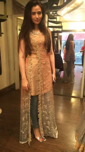 Wedding party dress in golden peach and sea green color  with pearls moti nagh and dabka work Model#B 86