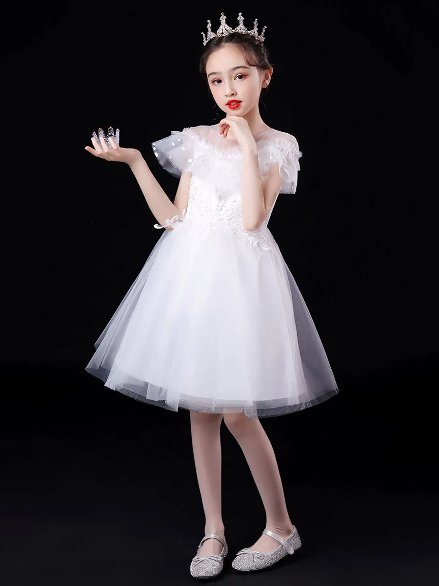 White Illusion Neckline Short Sleeves Tulle Princess Dress Flowers Beaded Embellishment Kids Party Dresses